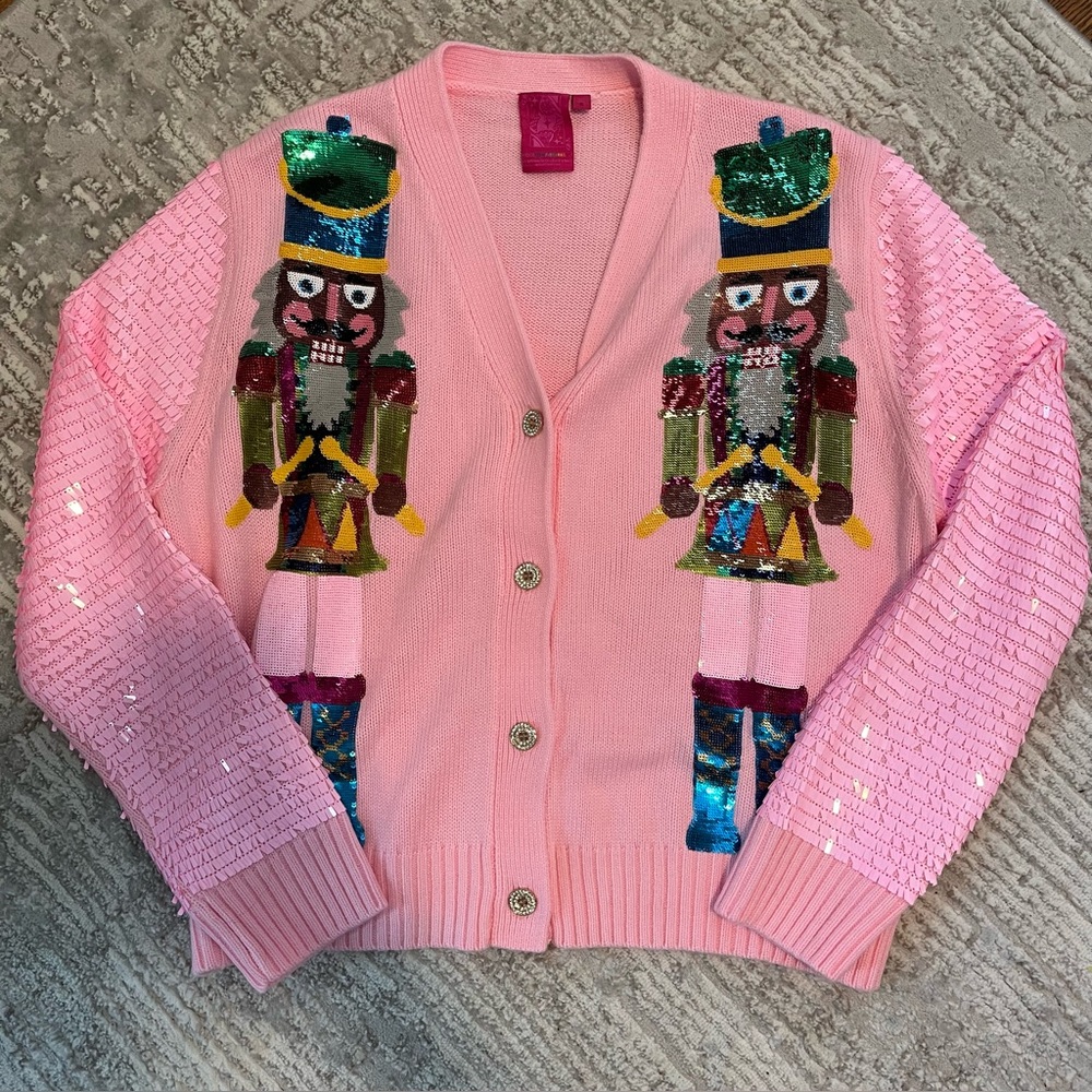 Queen of Sparkles Pink Sequin Nutcracker Cardigan Small NWOT